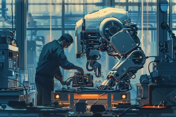 Fototapeta premium In high-tech facility, a male specialist in robotics develop innovative AI-driven robots, utilizing machine learning for an industry 4.0. 