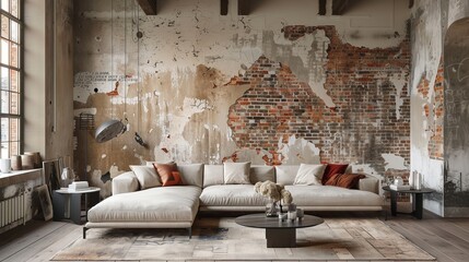 A chic living room setting showcasing a contemporary couch set against a large vintage wall backdrop with peeling paint