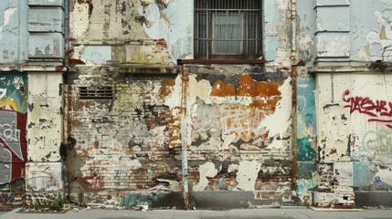 An urban decay scene with a wall showing the effects of weathering, peeling paint, and overlying graffiti