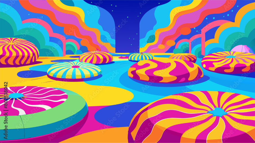 Poster large plush floor pillows in vibrant patterns and bright colors cover the floor inviting patients to