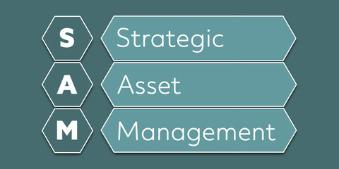 SAM Strategic Asset Management. An Acronym Abbreviation of a financial term. Illustration isolated on cyan blue green background