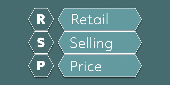 RSP Retail selling price. An Acronym Abbreviation of a financial term. Illustration isolated on cyan blue green background
