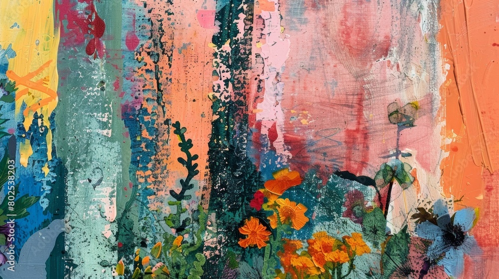 Poster An abstract painting featuring layers of colors and textures representing a creative approach to garden layout with notes on how to best combine different types of plants..