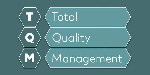 TQM Total Quality Management. An Acronym Abbreviation of a financial term. Illustration isolated on cyan blue green background