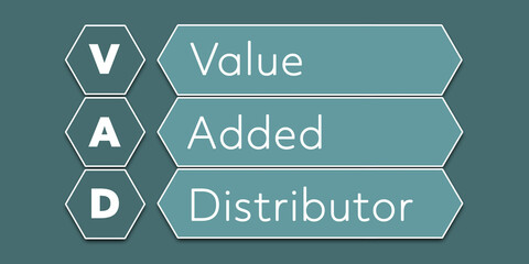 VAD Value Added Distributor. An Acronym Abbreviation of a financial term. Illustration isolated on cyan blue green background