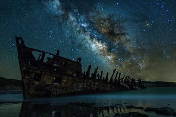 Breathtaking view of the Milky Way gleaming above a dilapidated shipwreck on a tranquil beach