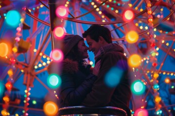 A shot capturing an intimate moment between a couple embraced in a Ferris wheel, surrounded by vibrant lights