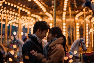 Dusk setting intensifies the romantic vibe of a couple embracing by the carousel lights