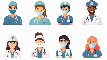 Set of smiling doctors, nurses and paramedics Portraits of male and female medic workers in uniform with stethoscopes, masks and gloves Flat cartoon vector illustration isolated on white background