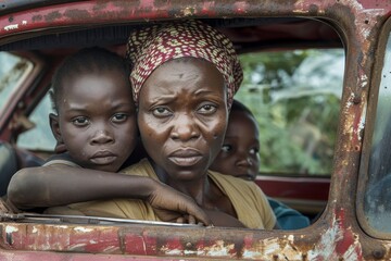 A poignant image capturing a mother with her children inside the rusty frame of an aged vehicle