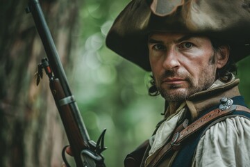 Obraz premium Close-up of a male face showing determination, dressed in historical reenactment gear with rifle in a forest