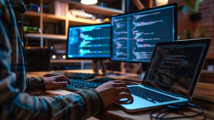 An IT specialist in a data center uses a computer to install and configure new servers, ensuring optimal performance and reliability of the network and the Internet. Unrecognizable image