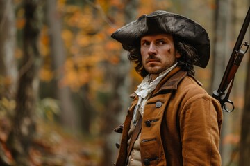 Man portraying a historical character equipped with a musket in an autumnal forest setting