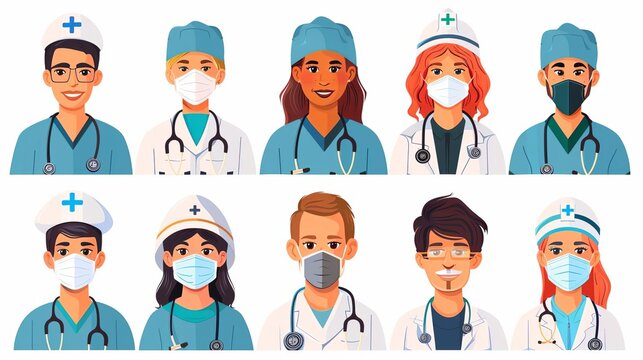 Set of smiling doctors, nurses and paramedics Portraits of male and female medic workers in uniform with stethoscopes, masks and gloves Flat cartoon vector illustration isolated on white background
