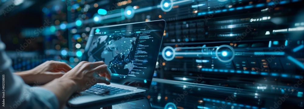 Poster IT specialist in data center uses laptop and PC to analyze effectiveness data protection develop software solutions to improve security information in cloud storage. Futuristic lines and illustration