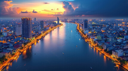 Obraz premium cityscape at twilight. Skyscrapers tower over the river