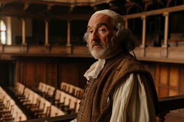 Naklejka premium A meticulously dressed man in colonial attire stands proudly in a vintage, historic hall, embodying the spirit and fashion of a bygone era