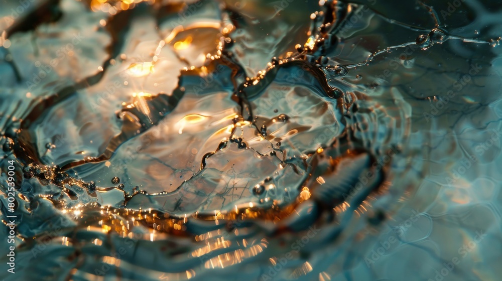 Poster warm light infuses this image of a water surface, creating an inviting, golden-toned mosaic of refle