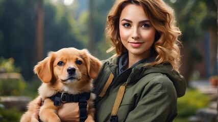 A woman is the dog's handler. A professional getaway idea: A Day of Dog Training Units. Cute girl cuddling her puppy and looking at the camera.