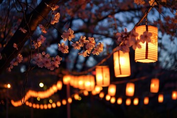 Evening descends on a festival with lanterns illuminating the cherry blossoms, creating an enchanting scene
