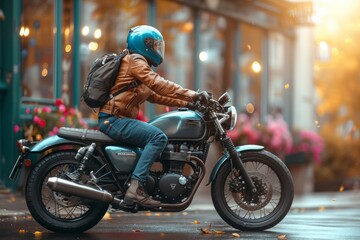 A man on a motorcycle rides through the city streets
