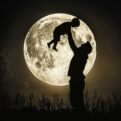 Silhouette of father lifting young child.