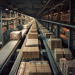 Fototapeta premium Photo of Tons of boxes in shipping facility on track moving to trucks.