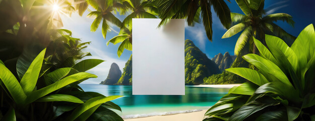 Tropical paradise framed by lush palms with a pristine beach view. A white canvas is prominently displayed against the scenic backdrop. Copy space for your text.