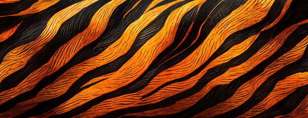Abstract orange and black striped pattern, animal skin or exotic textile design. Panorama with copy space.