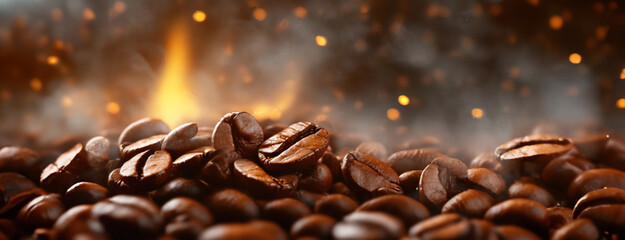 Roasted coffee beans with sparks and smoke, capturing the warmth and aroma of fresh coffee. Beans amidst a fiery glow, emphasizing their freshness and the roasting craft.