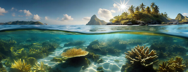 An underwater and above water view of a tropical island, showing vibrant coral reefs and lush vegetation. The dual perspective captures the richness of marine life, ecosystem's diversity.