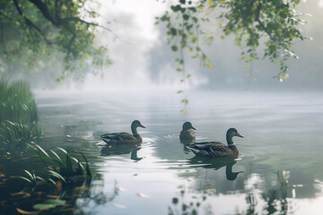 Two ducks floating on a lake at dawn.