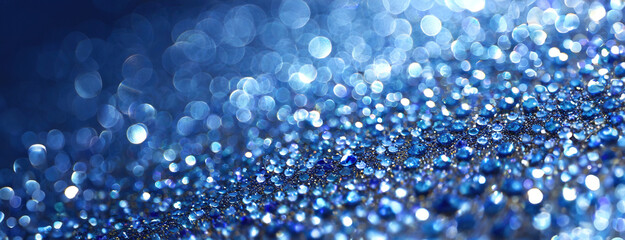 Close-up of sparkling droplets creating a bokeh effect on a shimmering surface. Essence of light play and moisture in high detail. Beauty of water beads with radiant reflections.