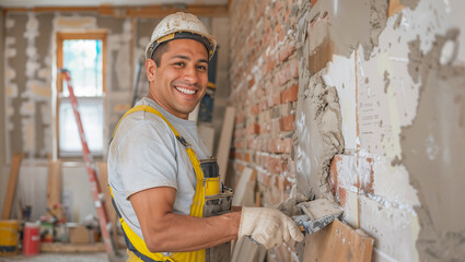 Happy latino construction worker wearing a hardhat working in a home, house renovation and builder concept