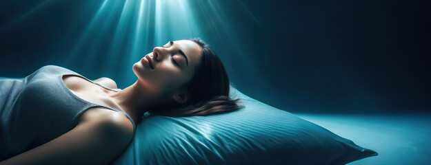 A woman rests peacefully under serene blue lights. Moon rays illuminating female face, creating a tranquil atmosphere. Individual in deep relaxation on a pillow, soft celestial glow.