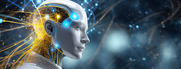 Advanced humanoid robot head showing intricate neural network connections. Blend of technology and human-like features in a futuristic design. Android with glowing elements.