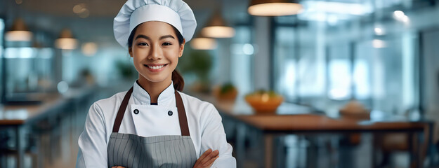 Radiant Chef Posing in Modern Restaurant Kitchen. Female portrait exudes culinary expertise. Panorama with copy space.