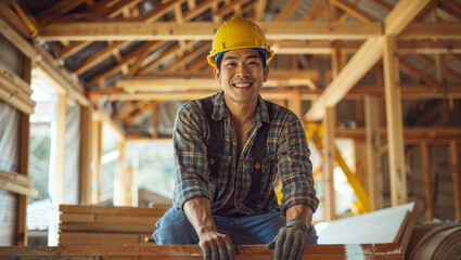Happy asian construction worker wearing a hardhat working in a home, house renovation and builder concept