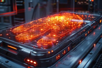 a futuristic container with a glowing orange substance inside of it