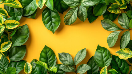 Obraz premium Tropical leaves as a frame on yellow background.