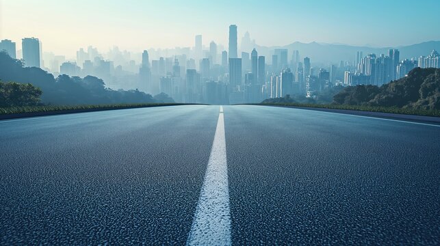 Panoramic city skyline and buildings with empty asphalt road at sunset. Created with Generative AI.