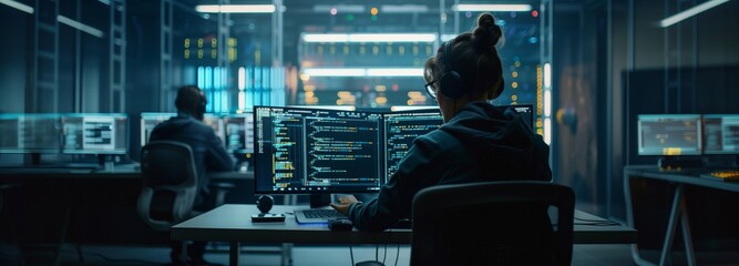 An IT specialist in the data center uses a computer to install and configure new equipment, expanding the network infrastructure and improving its efficiency. Wide Server Center Banner. High quality