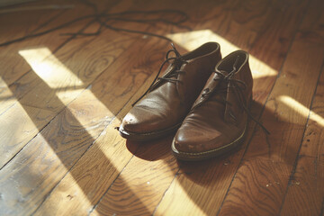 A pair of empty shoes on a polished wooden floor. - Powered by Adobe