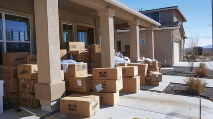 Photo of Tons of boxes on front porch of a stucco tract home.