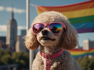 Pride month parade and a toy poodle dog wearing a fancy pink sunglasses all against a backdrop of the LGBTQ movement rainbow flag and a big city view.