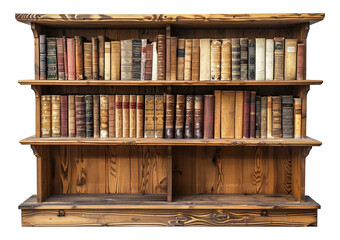 Stack of vintage books on rustic wooden shelf isolated on transparent background