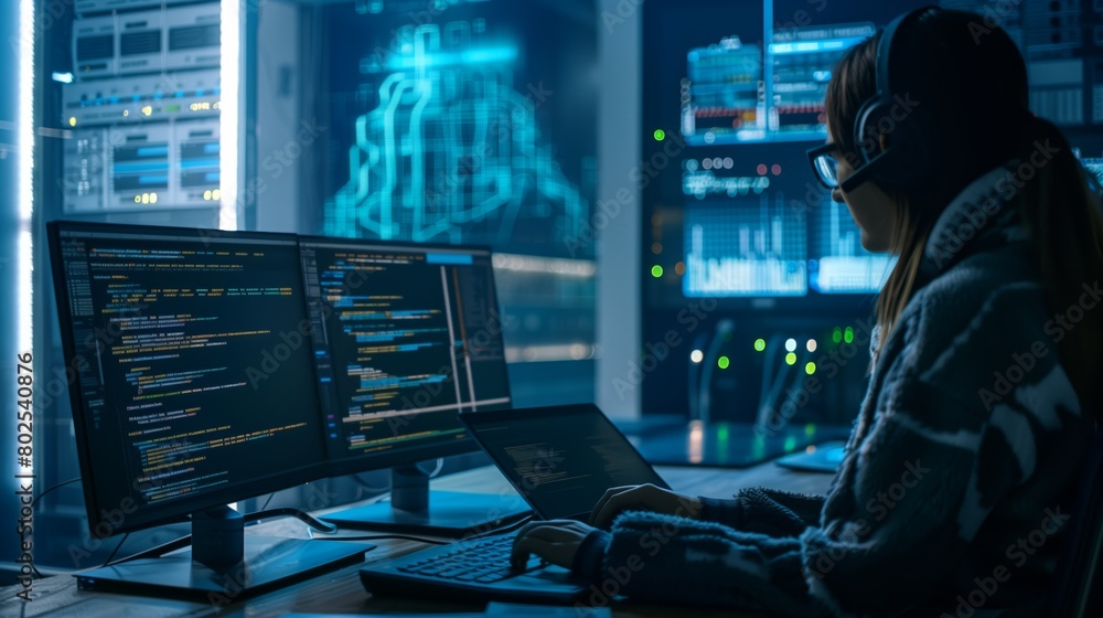 Poster a female it specialist in a data center uses a laptop to monitor the state of the network and respon