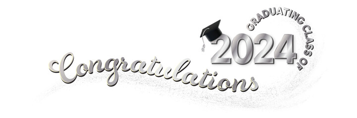 Congratulations Graduating Class of 2024 with a white background and lettering in silver text. The design uses text in a circle, wavy text, and a graduation cap to create visual excitement.  - obrazy, fototapety, plakaty