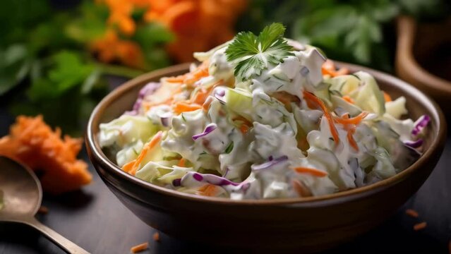 A bowl of coleslaw with shredded carrots and parsley
