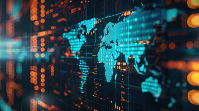 Digital world map combined with server rooms. Background for technologies. Server rooms.